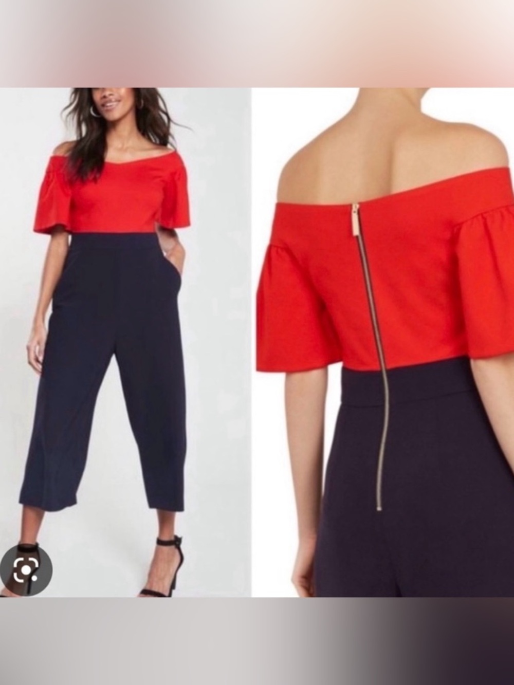 Ted Baker Red and Navy Off-Shoulder Jumpsuit